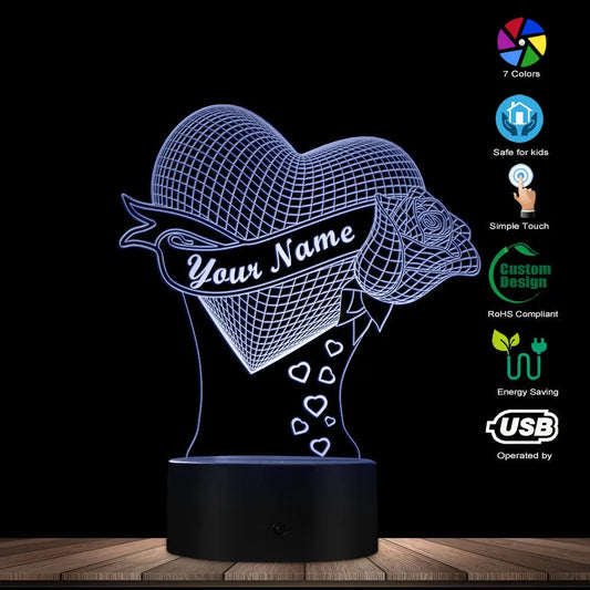 Loving Heart With Rose valentine gift Name 3D Effect Optical Illusion Table Lamp WAUTTON