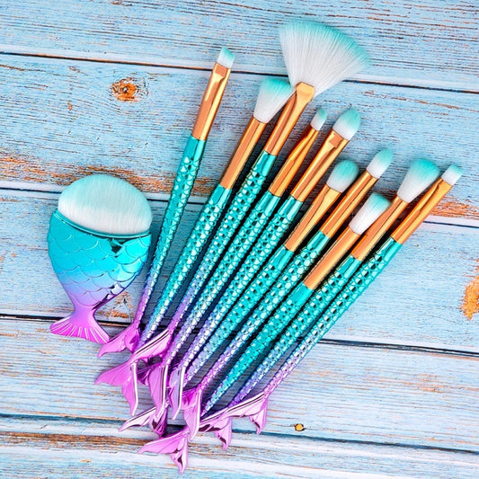 11pcs Makeup Brushes Kit Maquiagem Maquillaje New Mermaid Foundation Eyebrow Eyeliner Cosmetic Makeup Brushes WAUTTON