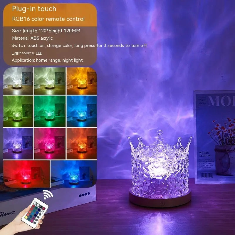 LED Water Ripple Ambient Night Light USB Rotating Projection Crystal Table Lamp RGB Dimmable Home Decoration 16 Color Gifts WAUTTON